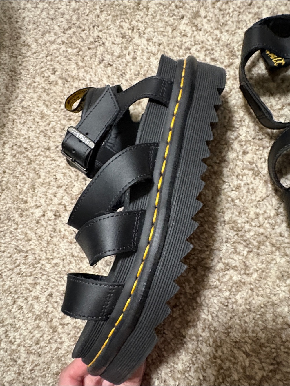 Dr. Martens Black Leather Platform Strappy Sandals with Yellow Stitching - Picture 3 of 4